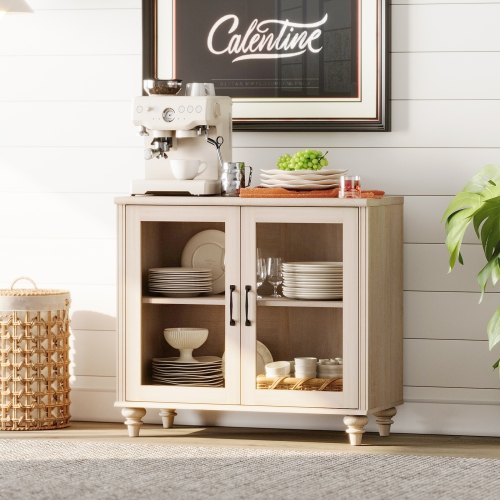 WAMPAT Buffet Cabinet with Glass Doors, Coffee Bar Tables Wood Kitchen Storage Cabinets with Adjustable Shelf, Modern Farmhouse Sideboard Credenza