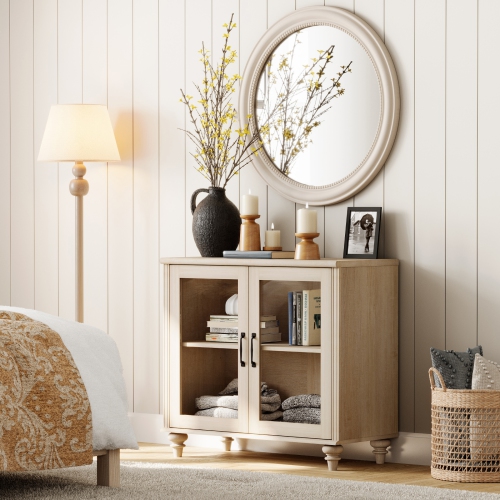 WAMPAT Buffet Cabinet with Glass Doors, Coffee Bar Tables Wood Kitchen Storage Cabinets with Adjustable Shelf, Modern Farmhouse Sideboard Credenza