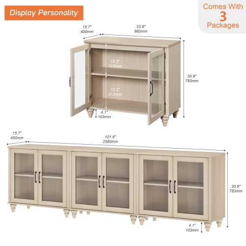 WAMPAT Buffet Cabinet with 6 Glass Doors, Large Coffee Bar Tables with Adjustable Shelf, Wood Kitchen Storage Cabinets, Modern Farmhouse Sideboard