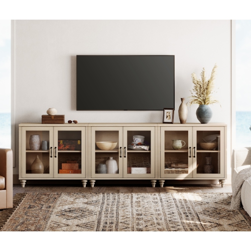 WAMPAT Buffet Cabinet with 6 Glass Doors, Large Coffee Bar Tables with Adjustable Shelf, Wood Kitchen Storage Cabinets, Modern Farmhouse Sideboard