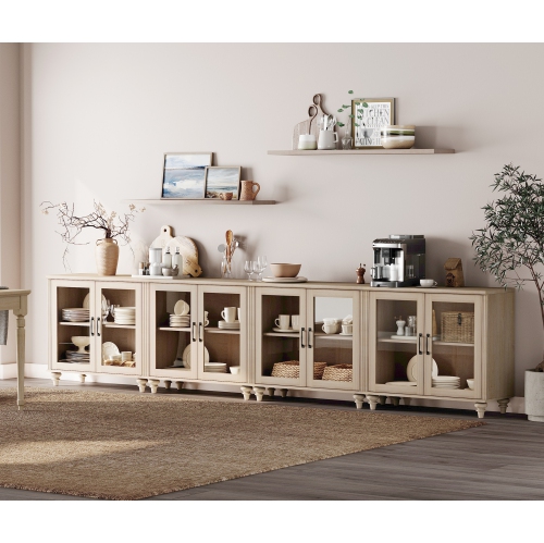 WAMPAT Buffet Cabinet with 8 Glass Doors, Large Coffee Bar Tables Wood Kitchen Storage Cabinets, Modern Farmhouse Sideboard Credenza for Dining