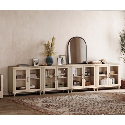 WAMPAT Buffet Cabinet with 8 Glass Doors, Large Coffee Bar Tables Wood Kitchen Storage Cabinets, Modern Farmhouse Sideboard Credenza for Dining