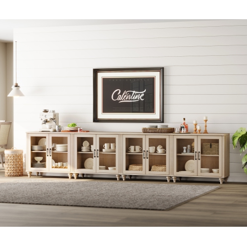 WAMPAT Buffet Cabinet with 8 Glass Doors, Large Coffee Bar Tables Wood Kitchen Storage Cabinets, Modern Farmhouse Sideboard Credenza for Dining