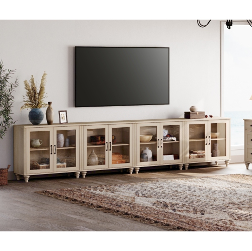 WAMPAT Buffet Cabinet with 8 Glass Doors, Large Coffee Bar Tables Wood Kitchen Storage Cabinets, Modern Farmhouse Sideboard Credenza for Dining