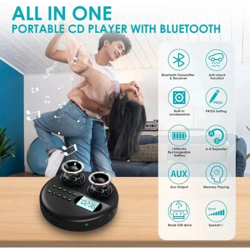 Walkman portatif CD et lecteur CD personnel avec deux haut-parleurs stéréo, lecteur Walkman à réglage de la vitesse de lecture