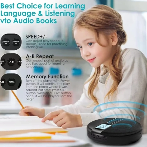 Walkman portatif CD et lecteur CD personnel avec deux haut-parleurs stéréo, lecteur Walkman à réglage de la vitesse de lecture