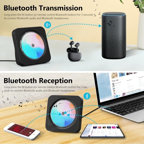 Lecteur CD portatif avec Bluetooth, lecteur CD de bureau avec haut-parleurs haute fidélité, télécommande, housse antipoussière, écran LED, radio