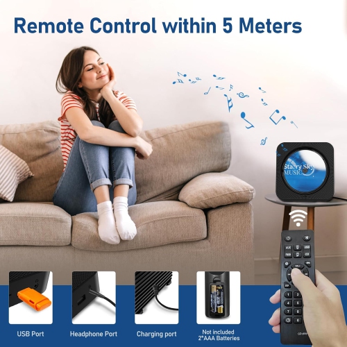 Lecteur CD portatif avec Bluetooth, lecteur CD de bureau avec haut-parleurs haute fidélité, télécommande, housse antipoussière, écran LED, radio