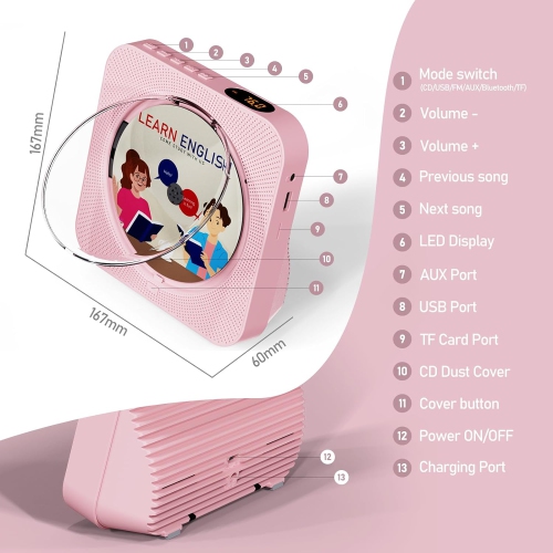 CD Player Portable with Bluetooth,Desktop CD Player with HiFi Sound Speakers,Remote Control,Dust Cover,LED Display,Boombox FM Radio USB AUX for