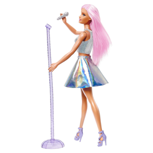 Barbie Careers Fashion et accessoires, Pop Star avec cheveux roses portant une jupe iridescente avec microphone