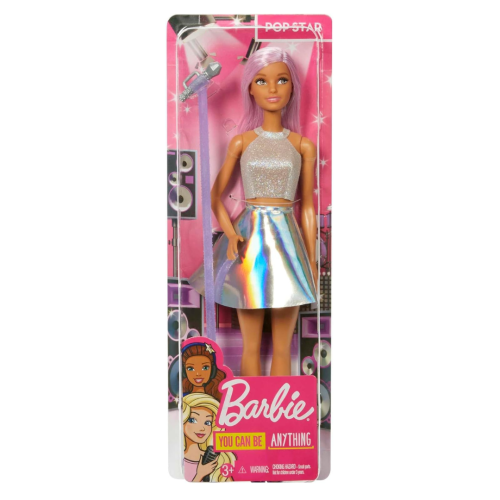 Barbie Careers Fashion et accessoires, Pop Star avec cheveux roses portant une jupe iridescente avec microphone