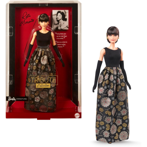 Poupée de collection Barbie Signature Tribute Rita Moreno en robe noire et dorée avec gants et chaussures, comprend un support à poupée