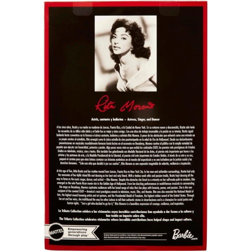 Poupée de collection Barbie Signature Tribute Rita Moreno en robe noire et dorée avec gants et chaussures, comprend un support à poupée