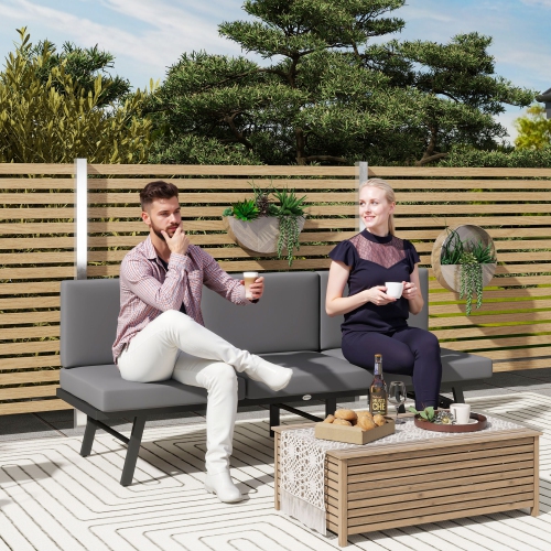 Outsunny 3-in-1 Convertible Outdoor Sofa, 3-Seater Outdoor Couch with Cushions, 5-Position Adjustable Reclining Lounge Chair, Patio Loveseat with