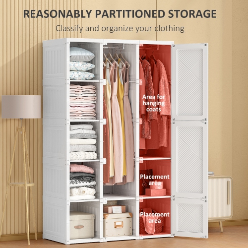 HOMCOM Portable Wardrobe Closet, Folding Wardrobe Cabinet, Clothes Storage Organizer with 8 Cube Compartments, 2 Hanging Rods, 11 Magnet Doors, Easy