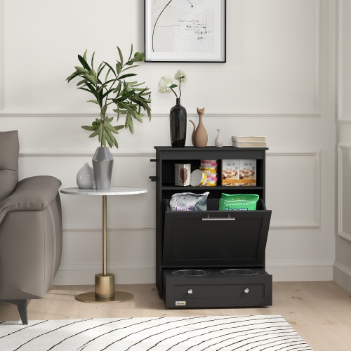 PawHut Cat Dog Feeding Station, Dog Food Storage Cabinet, Pet Feeder Container with Raised Bowls and Hanger for Feeding & Watering Supplies, Black