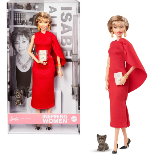 Barbie Inspiring Women, Isabel Allende Collection avec robe rouge avec accessoire de livre et animal de compagnie