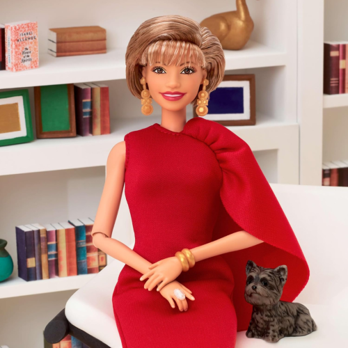 Barbie Inspiring Women, Isabel Allende Collection avec robe rouge avec accessoire de livre et animal de compagnie