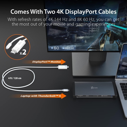 j5create 8K Thunderbolt 4 Docking Station with Max 96W Charging, Single 8K60 or Dual 4K60 Display, Thunderbolt 4 40Gbps