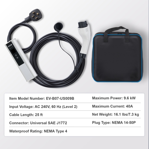 VEVOR Level 2 Portable EV Charger, 40A 240V, Electric Vehicle Charger with 25 ft Charging Cable NEMA 14-50P Plug, 16/24/32/40A Adjustable Home EV