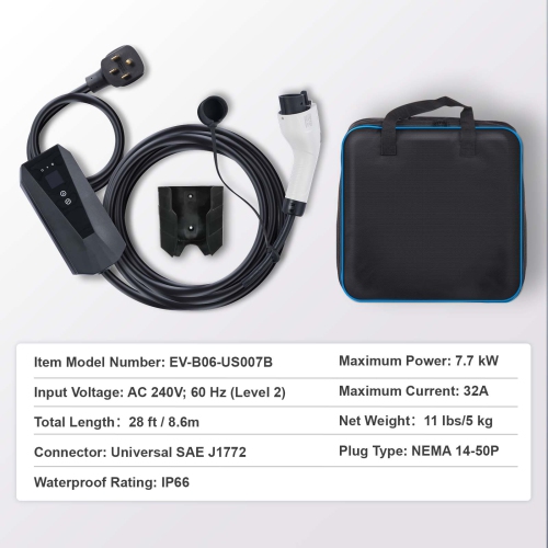 VEVOR Level 2 Portable EV Charger, 32A 240V, Electric Vehicle Charger with 28 ft Charging Cable NEMA 14-50P Plug, 16/20/24/32A Adjustable Home EV