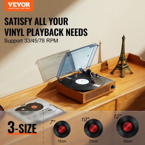 VEVOR Vinyl Record Player, 3 Speed Belt Driven Turntable Player with 3W Speaker Magnetic Cartridge, Support 33/45/78RPM Bluetooth/Aux in/RCA Output,