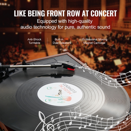 VEVOR Vinyl Record Player, 3 Speed Belt Driven Turntable Player with 5W Speaker Magnetic Cartridge, Support 33/45/78RPM Bluetooth/Aux in/RCA Output,