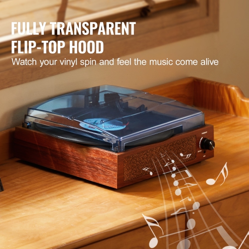 VEVOR Vinyl Record Player, 3 Speed Belt Driven Turntable Player with 5W Speaker Magnetic Cartridge, Support 33/45/78RPM Bluetooth/Aux in/RCA Output,