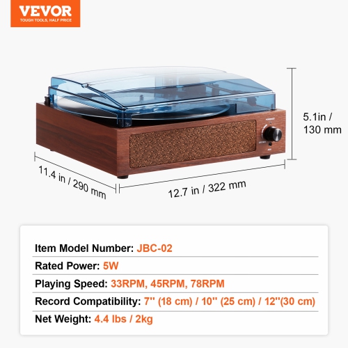 VEVOR Vinyl Record Player, 3 Speed Belt Driven Turntable Player with 5W Speaker Magnetic Cartridge, Support 33/45/78RPM Bluetooth/Aux in/RCA Output,
