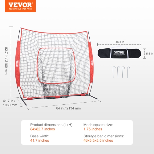 VEVOR 7x7 ft Baseball Softball Practice Net, for Hitting Batting Catching Pitching, Backstop Baseball Equipment Training Aids with Carry Bag and
