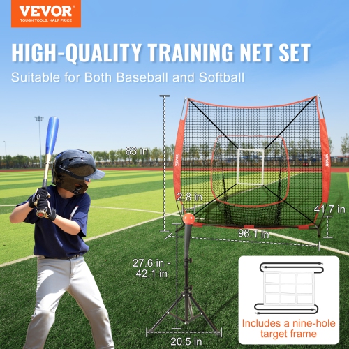 VEVOR 7x7 ft Baseball Softball Practice Net, for Hitting Batting Catching Pitching, Backstop Baseball Equipment with Bow Frame, Carry Bag, Strike