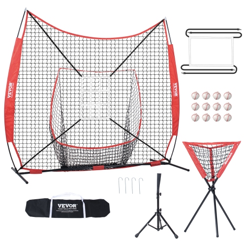 VEVOR 7x7 ft Baseball Softball Practice Net, Portable Baseball Training Net for Hitting Catching Pitching, with Bow Frame, Carry Bag, Strike Zone, 12