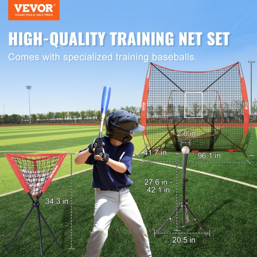 VEVOR 7x7 ft Baseball Softball Practice Net, Portable Baseball Training Net for Hitting Catching Pitching, with Bow Frame, Carry Bag, Strike Zone, 12