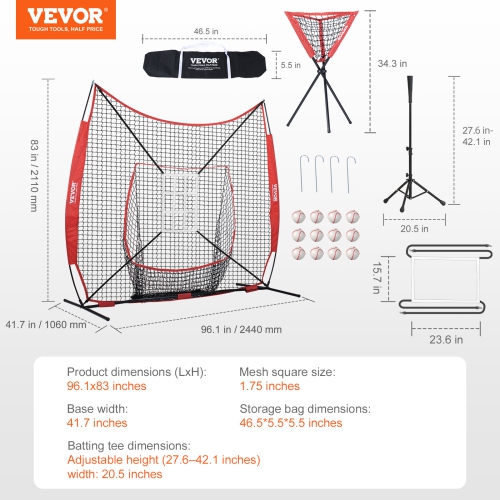 VEVOR 7x7 ft Baseball Softball Practice Net, Portable Baseball Training Net for Hitting Catching Pitching, with Bow Frame, Carry Bag, Strike Zone, 12