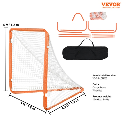 VEVOR 4' x 4' Lacrosse Goal, Small Kids Lacrosse Net, Folding Portable Lacrosse Goal with Carry Bag, Iron Frame Backyard Training Equipment, Quick &