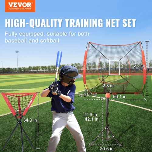 VEVOR 7x7 ft Baseball Softball Practice Net, for Hitting Catching Pitching, Backstop Baseball Equipment with Bow Frame, Carry Bag, Strike Zone, Ball,