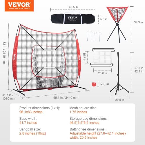 VEVOR 7x7 ft Baseball Softball Practice Net, for Hitting Catching Pitching, Backstop Baseball Equipment with Bow Frame, Carry Bag, Strike Zone, Ball,