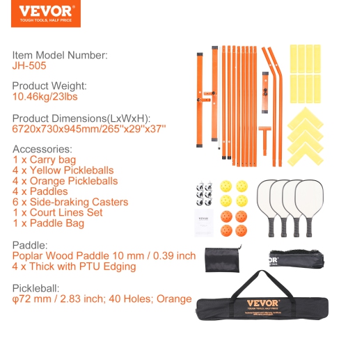 VEVOR 22FT Pickleball Net Set, Regulation Size Portable Pickleball System with Bags, Balls, Paddles, Wheels, and Court Lines, Weather Resistant Metal