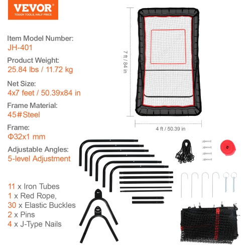 VEVOR 4x7 Ft Lacrosse Rebounder for Backyard, Volleyball Bounce Back Net, Adjustable Angle Shooting Practice Training Wall with Target