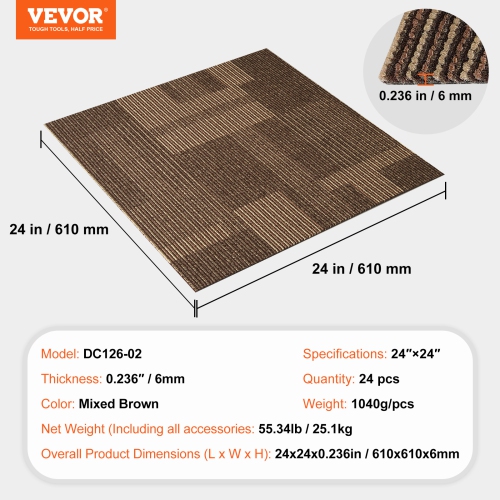 VEVOR Carpet Tiles Reusable, 24"x 24"Carpet Squares With Padding Attached, Soft Padded Carpet Tiles, Easy Install DIY for Bedroom Living Room