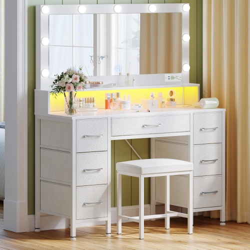 Vanity Desk with Mirror and Lights, Makeup Vanity with Upholstered Vanity Stool, 7 Drawers, 9 Dimmable LED Bulbs, Vanity Set with Power Outlets, RGB