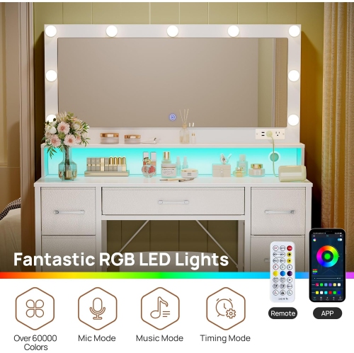 Vanity Desk with Mirror and Lights, Makeup Vanity with Upholstered Vanity Stool, 7 Drawers, 9 Dimmable LED Bulbs, Vanity Set with Power Outlets, RGB