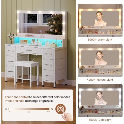 Vanity Desk with Mirror and Lights, Makeup Vanity with Upholstered Vanity Stool, 7 Drawers, 9 Dimmable LED Bulbs, Vanity Set with Power Outlets, RGB