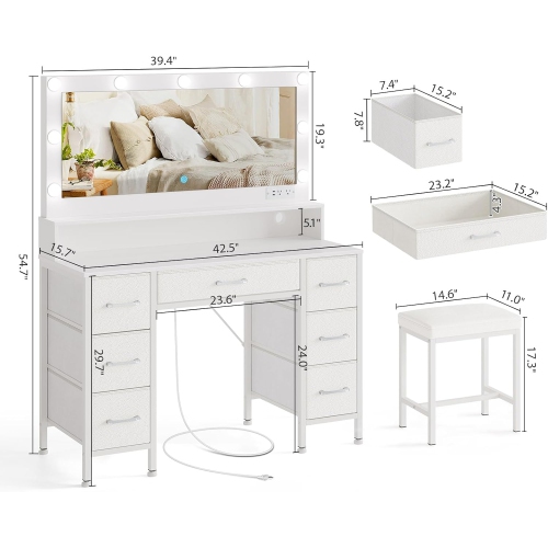 Vanity Desk with Mirror and Lights, Makeup Vanity with Upholstered Vanity Stool, 7 Drawers, 9 Dimmable LED Bulbs, Vanity Set with Power Outlets, RGB