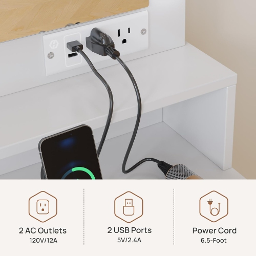 Vanity Desk with Mirror and Lights, Makeup Vanity with Upholstered Vanity Stool, 7 Drawers, 9 Dimmable LED Bulbs, Vanity Set with Power Outlets, RGB