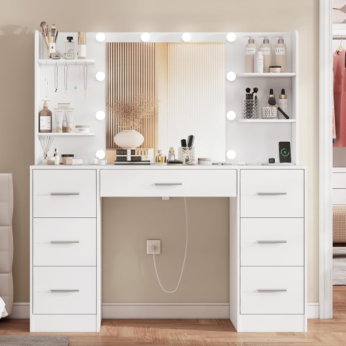 Large Makeup Vanity, 39.4"" Vanity Desk with Mirror and Lights, Makeup Vanity Table with 7 Drawers, 4 Shelves, 5 Jewel Hooks & Power Strip, Vanity