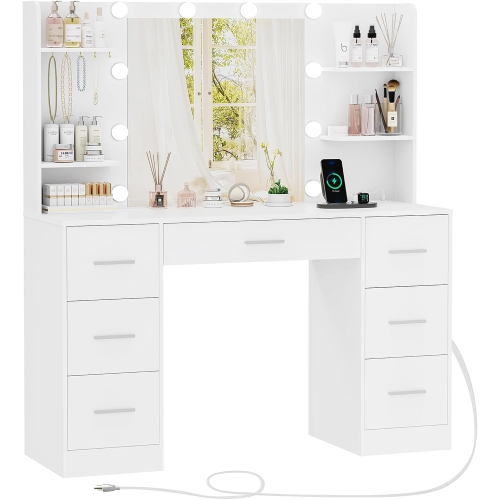 Large Makeup Vanity, 39.4"" Vanity Desk with Mirror and Lights, Makeup Vanity Table with 7 Drawers, 4 Shelves, 5 Jewel Hooks & Power Strip, Vanity