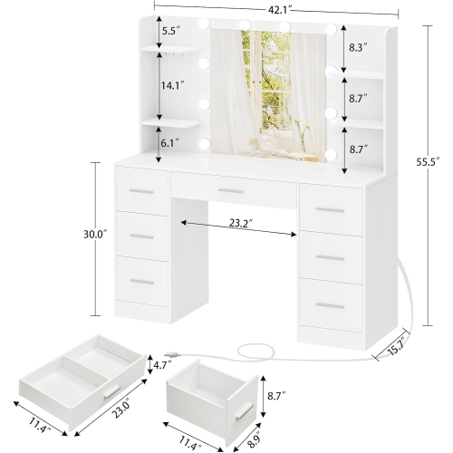 Large Makeup Vanity, 39.4"" Vanity Desk with Mirror and Lights, Makeup Vanity Table with 7 Drawers, 4 Shelves, 5 Jewel Hooks & Power Strip, Vanity
