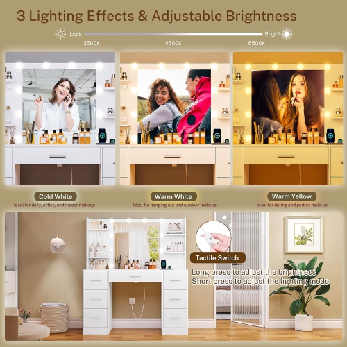 Large Makeup Vanity, 39.4"" Vanity Desk with Mirror and Lights, Makeup Vanity Table with 7 Drawers, 4 Shelves, 5 Jewel Hooks & Power Strip, Vanity