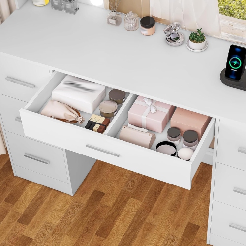 Large Makeup Vanity, 39.4"" Vanity Desk with Mirror and Lights, Makeup Vanity Table with 7 Drawers, 4 Shelves, 5 Jewel Hooks & Power Strip, Vanity